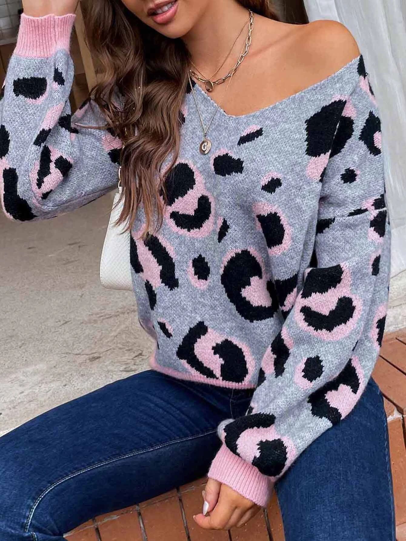 V Neck Leopard Pattern Drop Shoulder Sweater | SHEIN