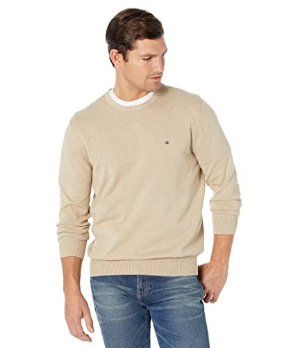 Tommy Hilfiger Mens Solid Crewneck Sweater, Medium Beige Heather, Small US | Amazon (US)