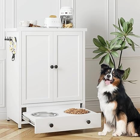Dog Feeding Station with Storage, Metal Dog Food Storage Cabinet with 2 Elevated Bowls and 3 Hook... | Amazon (US)