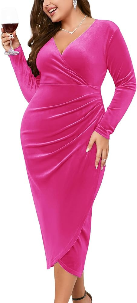 ZOMVA 2023 Plus Size Velvet Wrap Dress Ruched Bodycon Dress Long Sleeves Ruffle Long Elegant Part... | Amazon (US)
