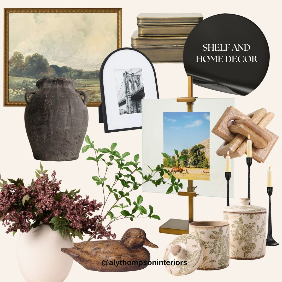 Home Decor | Shelf Decor | Candlesticks | Vase | Brass Containers | Wooden Duck | Canisters | Faux Stems | Picture Frame 

 #LTKMostLoved #LTKWatchNow #LTKHome