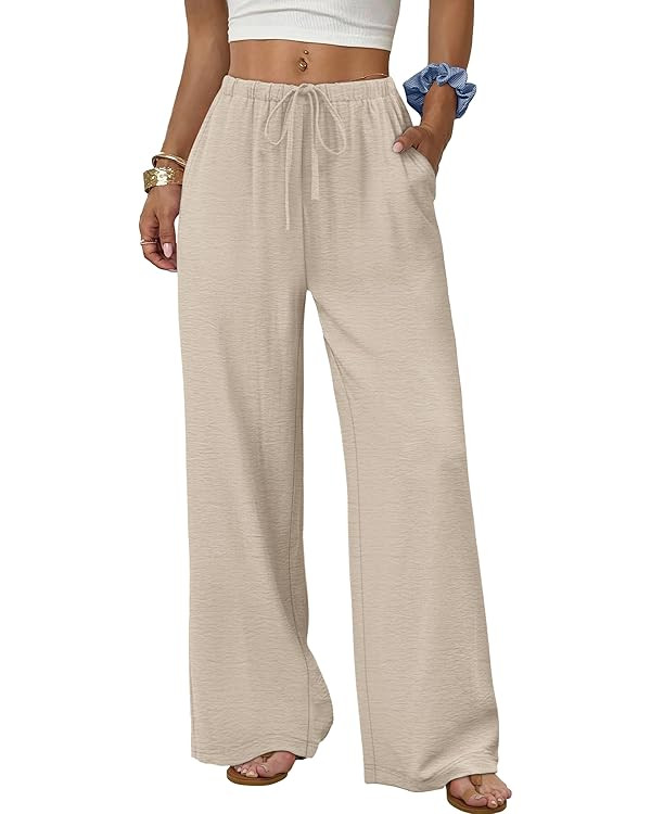 Sampeel Wide Leg Pants for Women Flowy Palazzo Drawstring Elastic Waist Trousers with Pockets Sum... | Amazon (US)