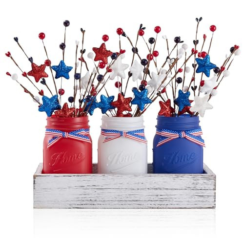 KIVIVO 4th of July Table Decorations, Mason Jar Memorial Day Decor with Artificial Picks, Fourth of July Patriotic Table Centerpieces, 10 Pcs Red White and Blue Independence Day Decorations for Home | Amazon (US)