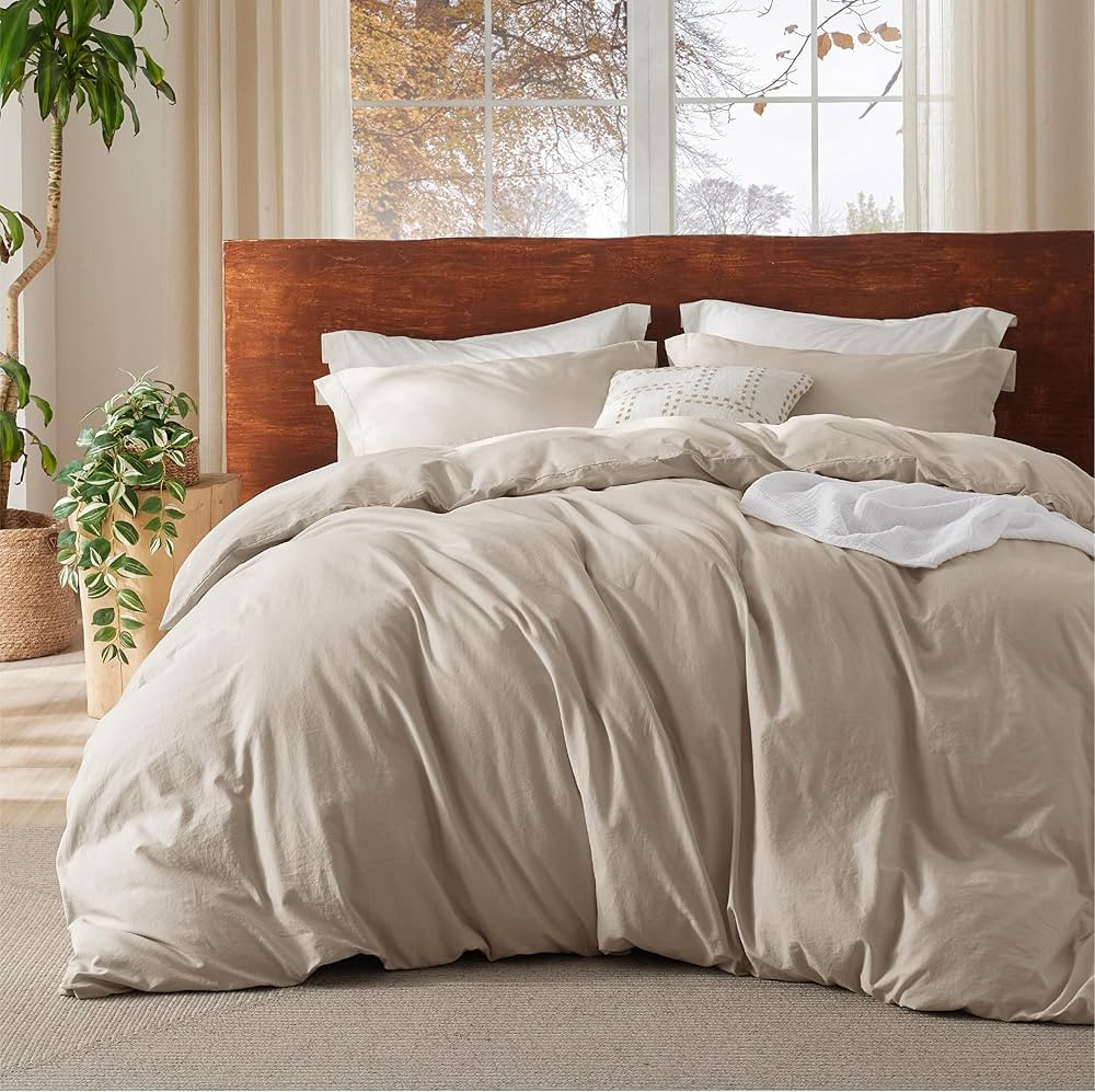 Bedsure 100% Washed Cotton Duvet Cover King Size - Beige Minimalist Cotton Duvet Cover Linen Like... | Amazon (US)