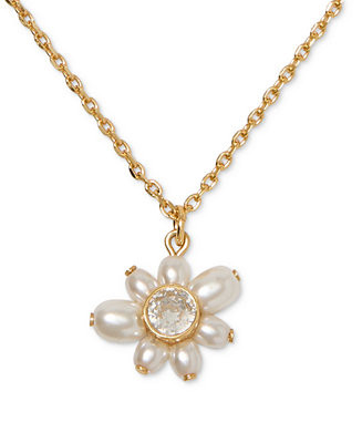 Gold-Tone Cubic Zirconia & Imitation Pearl Flower Pendant Necklace, 16" + 3" extender | Macy's