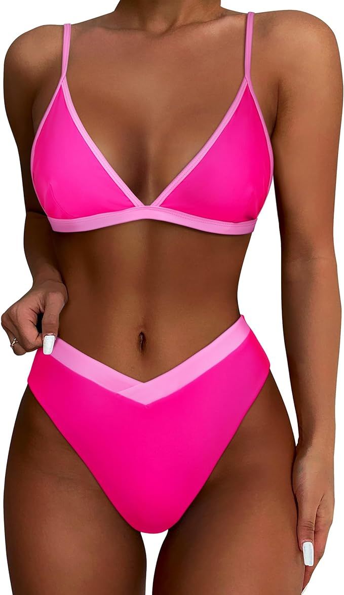 SUUKSESS Women Triangle High Cut Bikini Sets Sexy High Waisted 2 Piece Swimsuit | Amazon (US)