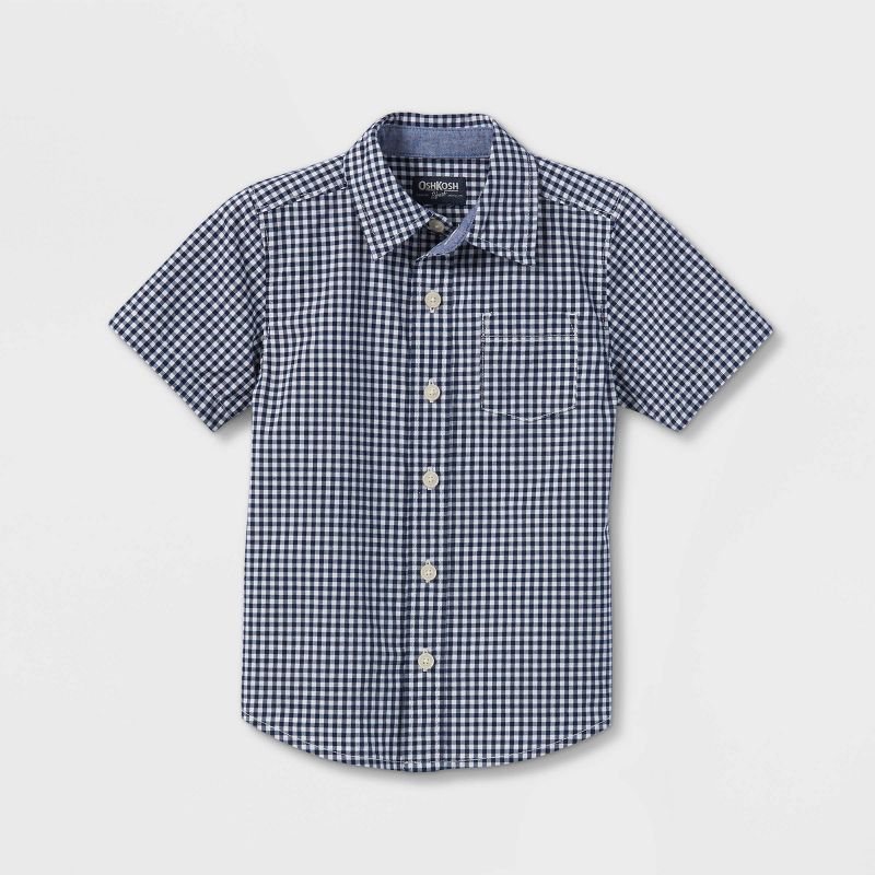 OshKosh B'gosh Toddler Boys' Check Woven Short Sleeve Button-Down Shirt - Navy Blue | Target