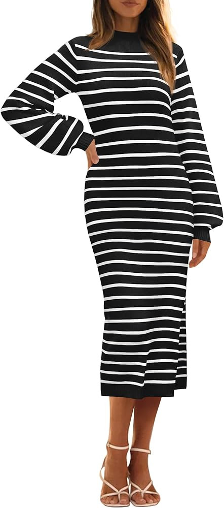 MIROL Women's Mock Neck Striped Dress 2024 Fall Long Puff Sleeve Side Slit Knit Sweater Dress Rib... | Amazon (US)