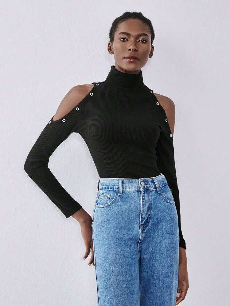 Chiquease Women's Turtleneck Reversible Collar Elegant Shoulder Cutout Eyelet Decoration Fitted Long Sleeve Blouse | SHEIN