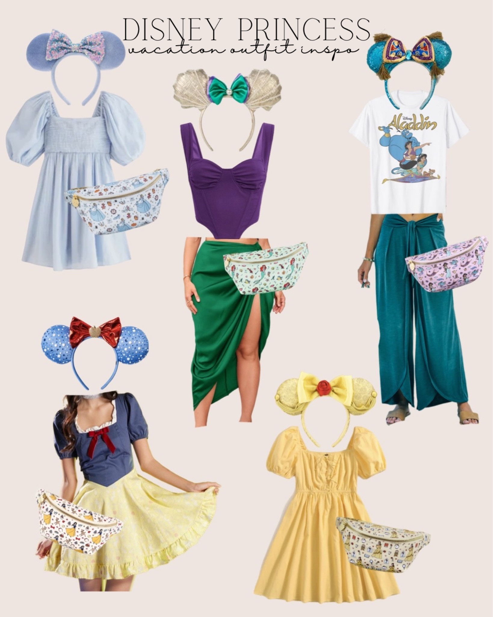 Disney princess inspired outfits
Linked what I could :)

Snow White dress: Her Universe
Ariel & Snow White ears: ShopDisney out of stock
Princess fanny packs: Stoney Clover Lane out of stock 

Disney princess, Disneyland, Disney World, Disney outfits, Disney bound, princess dress up, women’s Disney outfits, princess inspired outfit

#LTKtravel #LTKFind #LTKstyletip