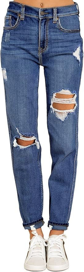 GRAPENT Women's Casual High Waisted Mom Jeans Ripped Stretchy Tapered Denim Pants | Amazon (US)