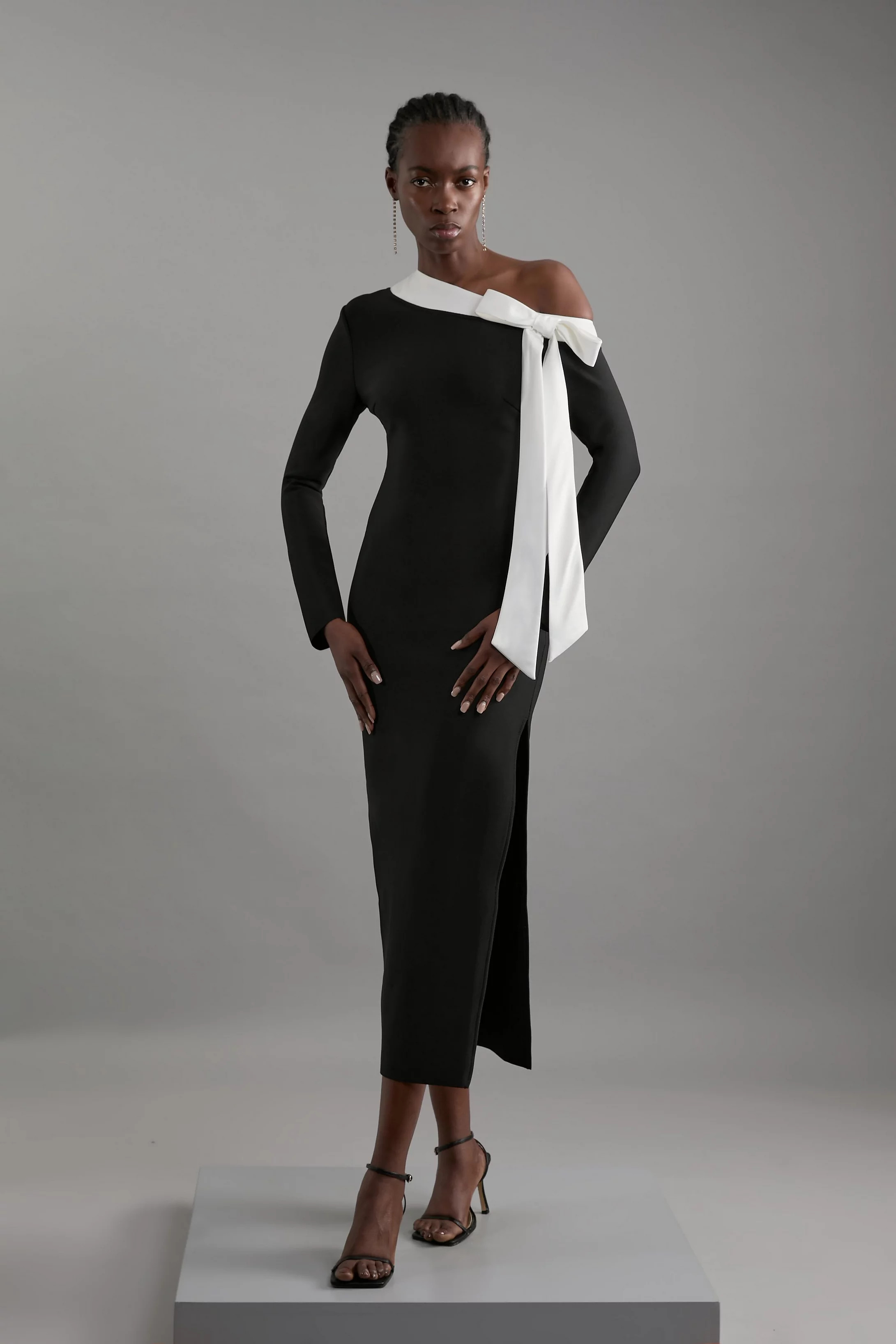 Figure Form Bandage Knit Contrast Bow Detail Midaxi Dress | Karen Millen UK + IE + DE + NL