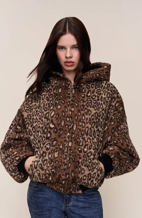 Guizio Charli Hooded Quilted Jacket in Leopard at Nordstrom, Size X-Large | Nordstrom