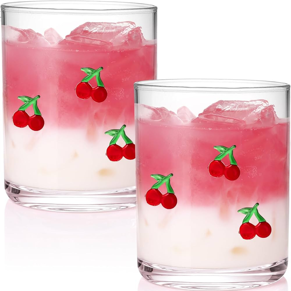 Physkoa 2 Pack Cherry Icon Juice Glasses – 14oz Cute Glass Coffee Cups for Women – Retro Cher... | Amazon (US)