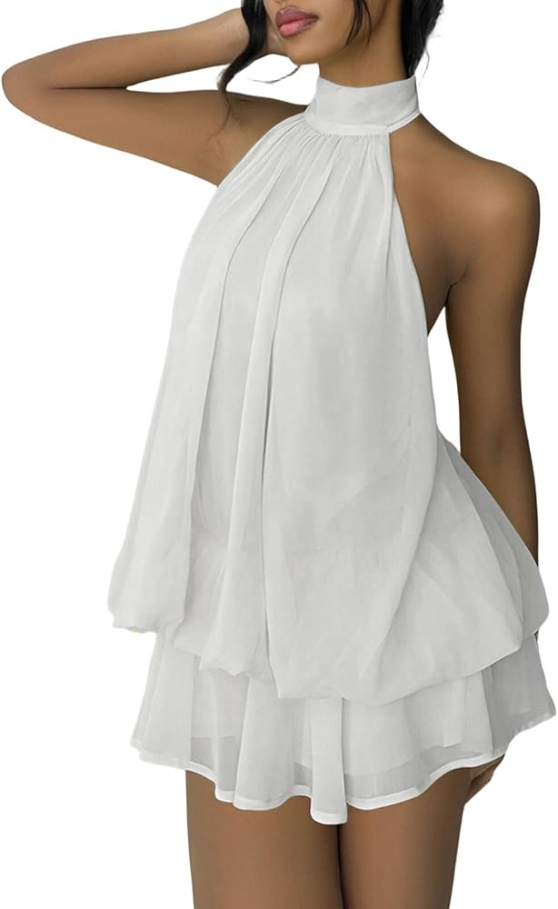 SHINFY Women Chiffon Halter Cocktail Dresses for Wedding Guest Ruffle Mini Beach Vacation Birthda... | Amazon (US)
