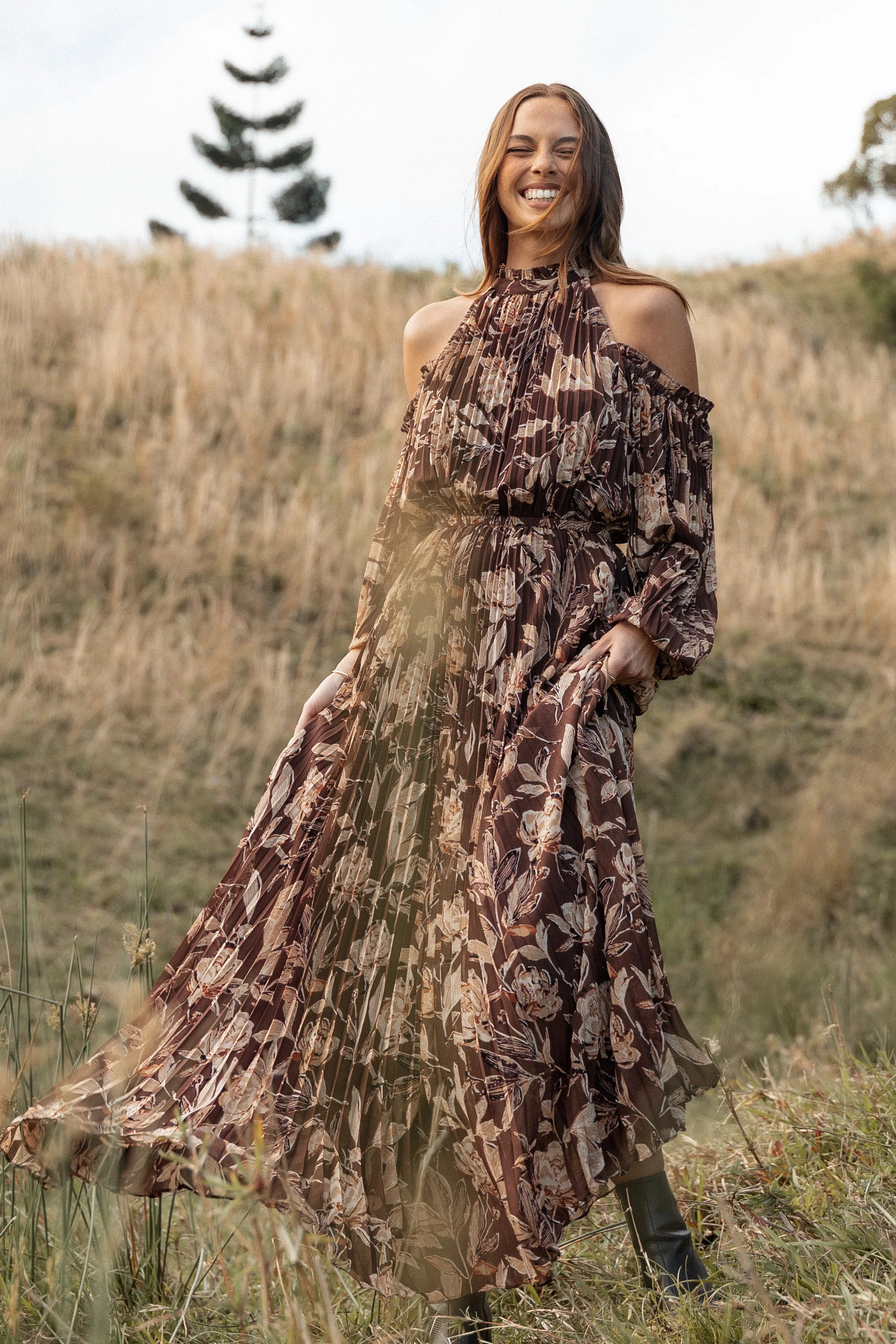 Hilary Pleated Maxi Dress - Brown Floral | Petal & Pup (US)