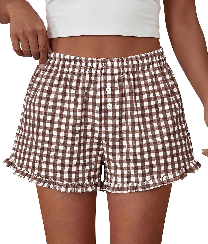 PRETTYGARDEN Womens Boxer Shorts Y2K Ruffle Pajama 2026 Summer Spring Lounge Sleep Striped Casual... | Amazon (US)
