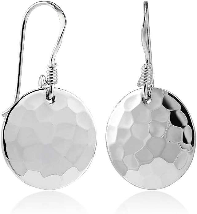 925 Sterling Silver Hammered Round Disc Dangle Earring | Amazon (US)