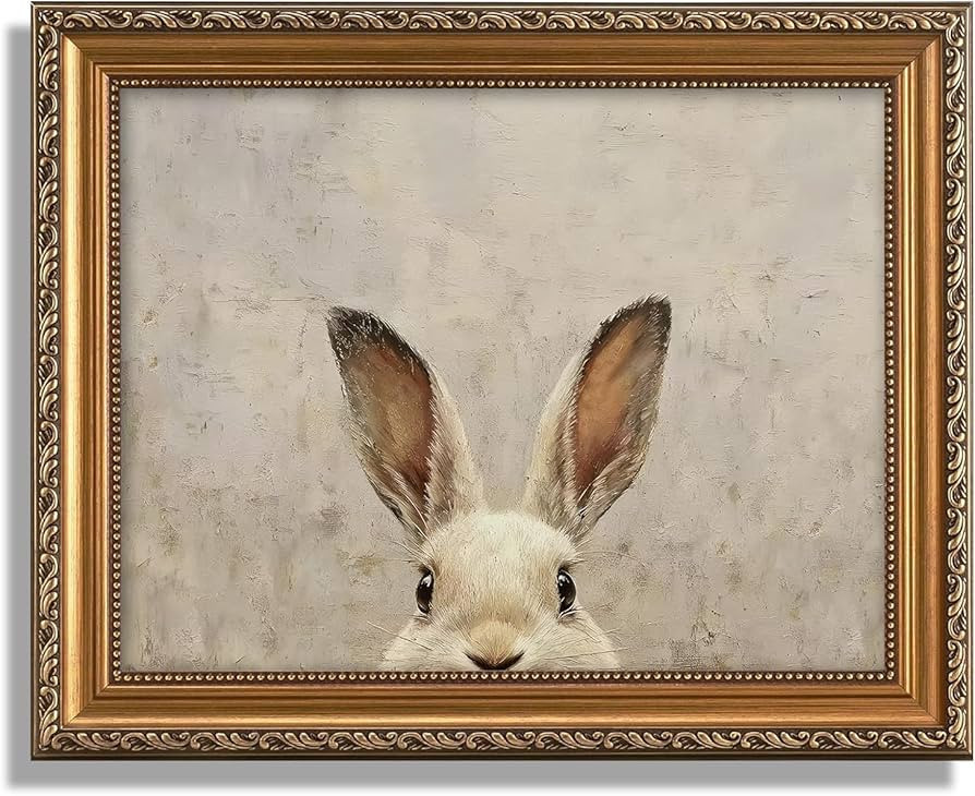 ASTRDECOR Gold Framed Vintage Easter Bunny Wall Art, Neutral Rabbit Canvas Print, Farmhouse & Rus... | Amazon (US)