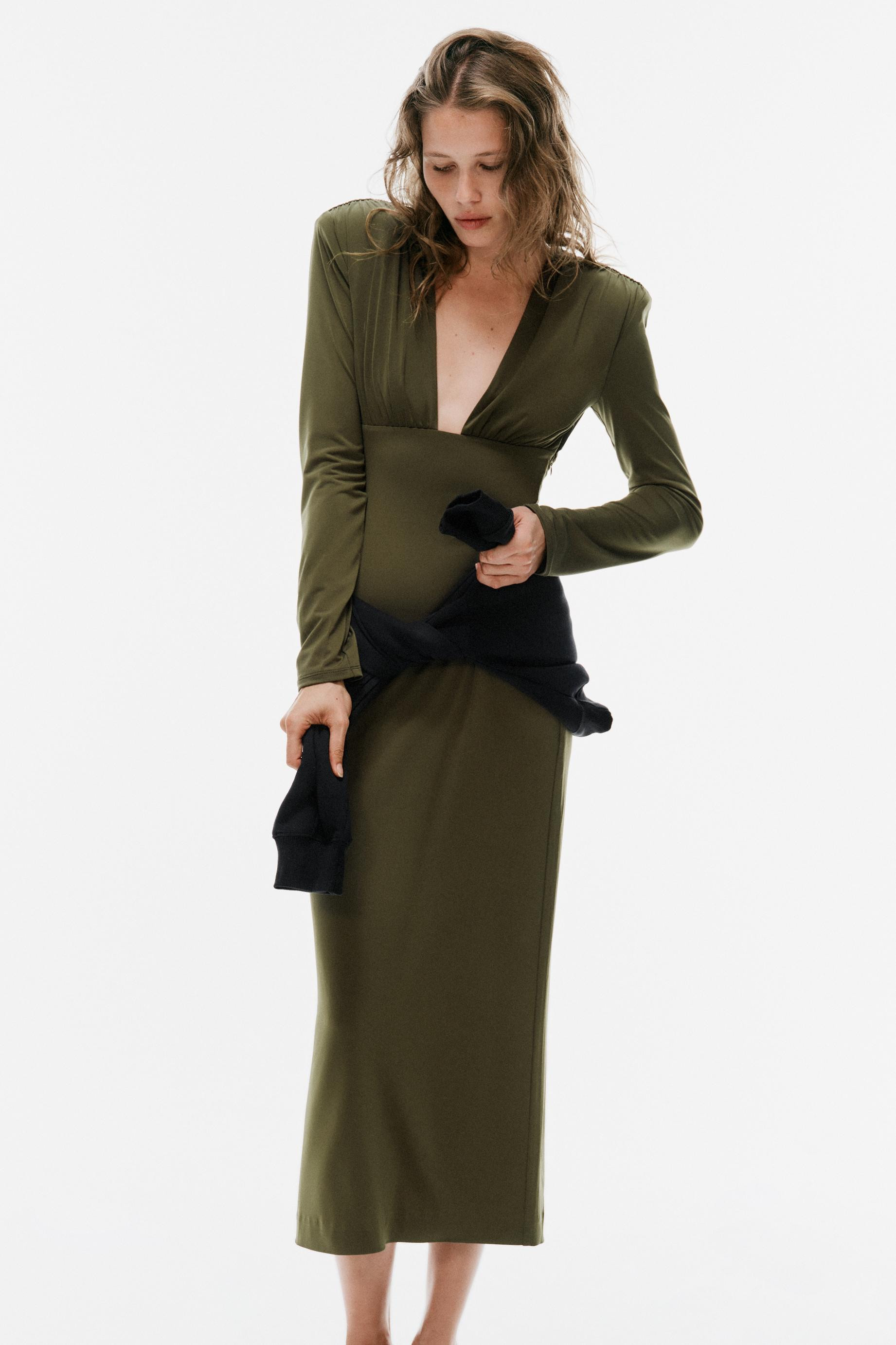 Midi dress with a deep V-neck and long sleeves with shoulder pads. Shirred detail at the bust. Ba... | Zara US