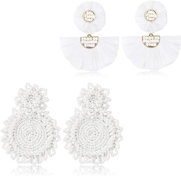 Hanpabum 2Pairs Handmade Statement Stud Earrings for Women Bohemian Beaded Drop Earrings Fashion ... | Amazon (US)