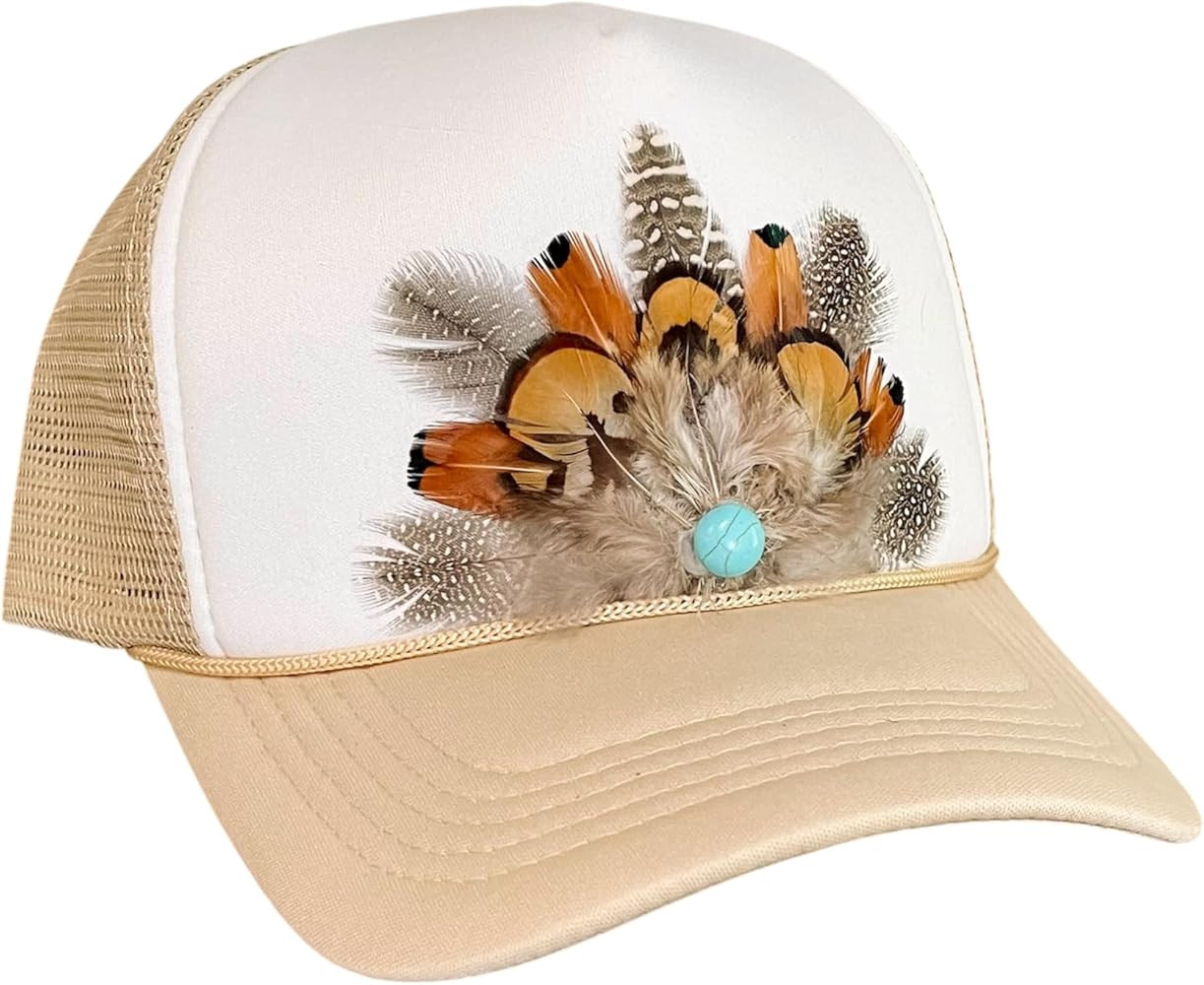 Feather Trucker Hat with Turquoise Bead, Woman's Tan and White Foam Snapback w/Rope Detail, Pheas... | Amazon (US)