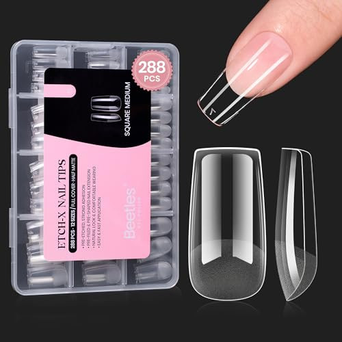 Beetles Gel Nail Tips Etch-X, Square Medium, 288Pcs 12 Sizes, Pre-Etched Half Matte Soft Acrylic False Nail Tips Full Cover Easy DIY Fake Press On Fall Nail Extension Salon Gift for Women | Amazon (US)