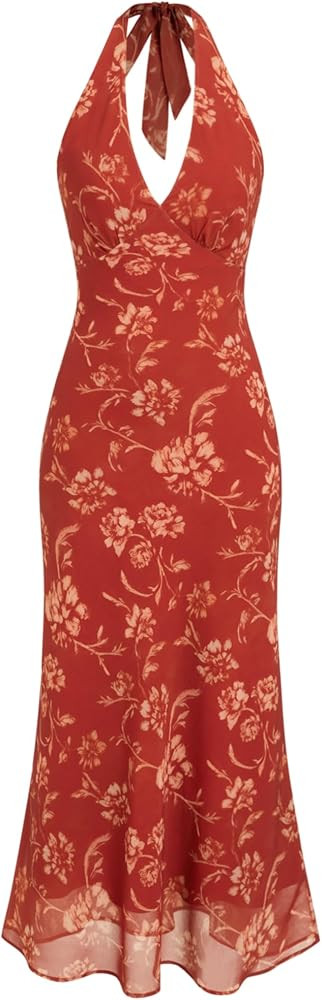 CIDER Women Maxi Summer Dress Floral Print Halter Neck Backless Tie Back Flowy Sundress | Amazon (US)