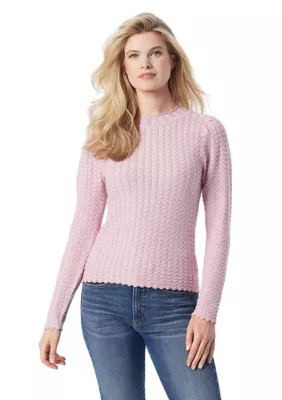 Jessica Simpson Women's Camilla Mock Neck Pointelle Sweater with Scallop Trim, Pink, Large | Belk