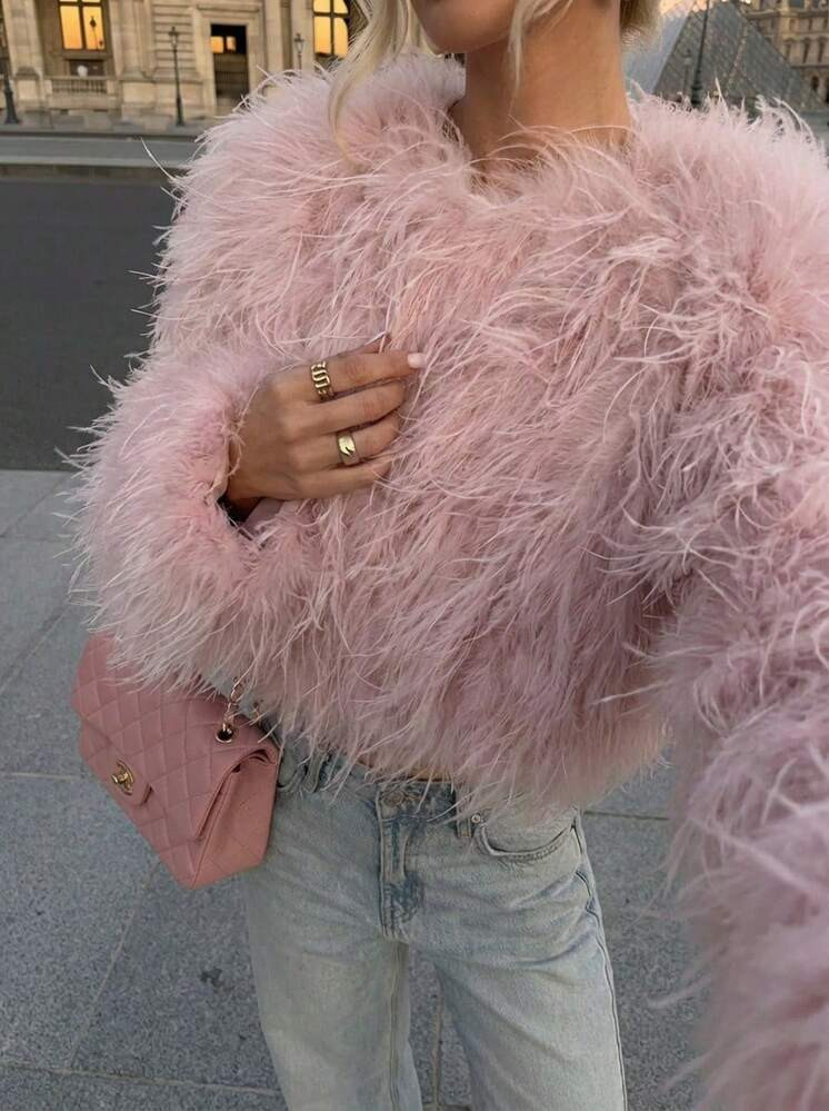 Buzzelle Doriss Exquisite Crew-Neck Short Long Haired Coat, Going Out Tops Women, White Party Event, Wedding Season, Valentine's Day Outfit, Autumn Winter Winter | SHEIN