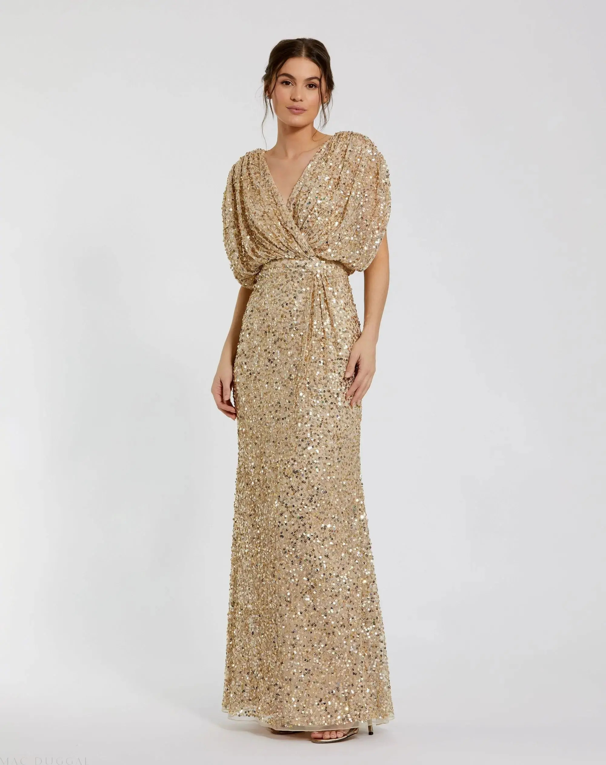 Gold Draped Sleeve V Neck Gown - Mac Duggal | Mac Duggal