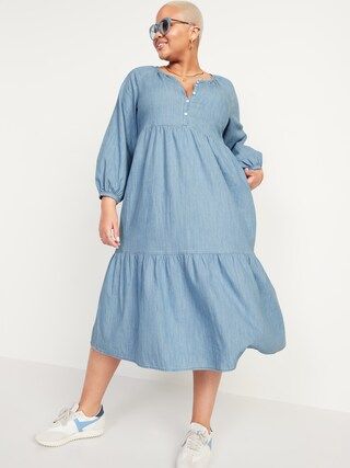 Long-Sleeve Tiered Chambray Midi Swing Dress for Women | Old Navy (US)