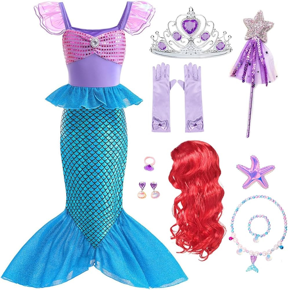 Little Girls Mermaid Costume Princess Dress Up Ariel Outfits with Accessories Wig Birthday Party ... | Amazon (US)