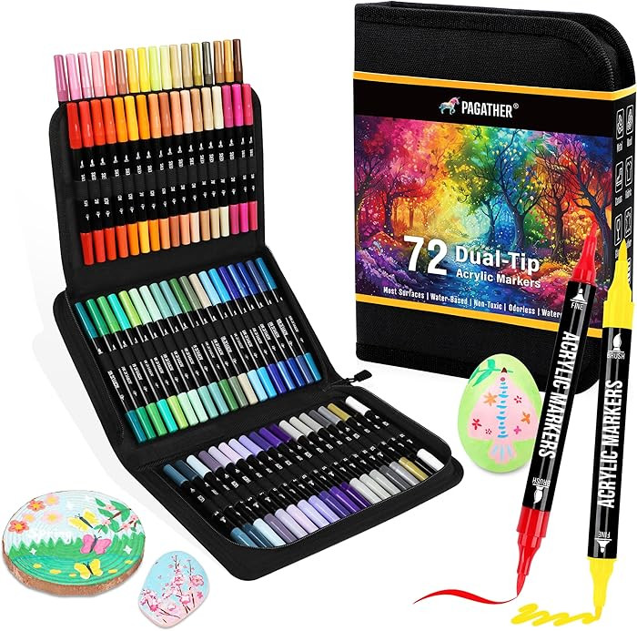 72 Colors Acrylic Paint Markers, Dual Tip with Fine Tip and Brush Tip Pens for Stone, Wood, Calli... | Amazon (US)
