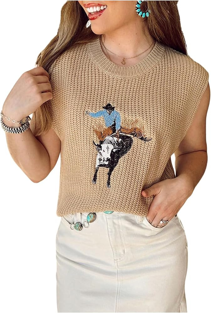 WDIRARA Women's Western Cowboy Embroidered Sweater Vest Crew Neck Cap Sleeve Pullovers Ribbed Kni... | Amazon (US)