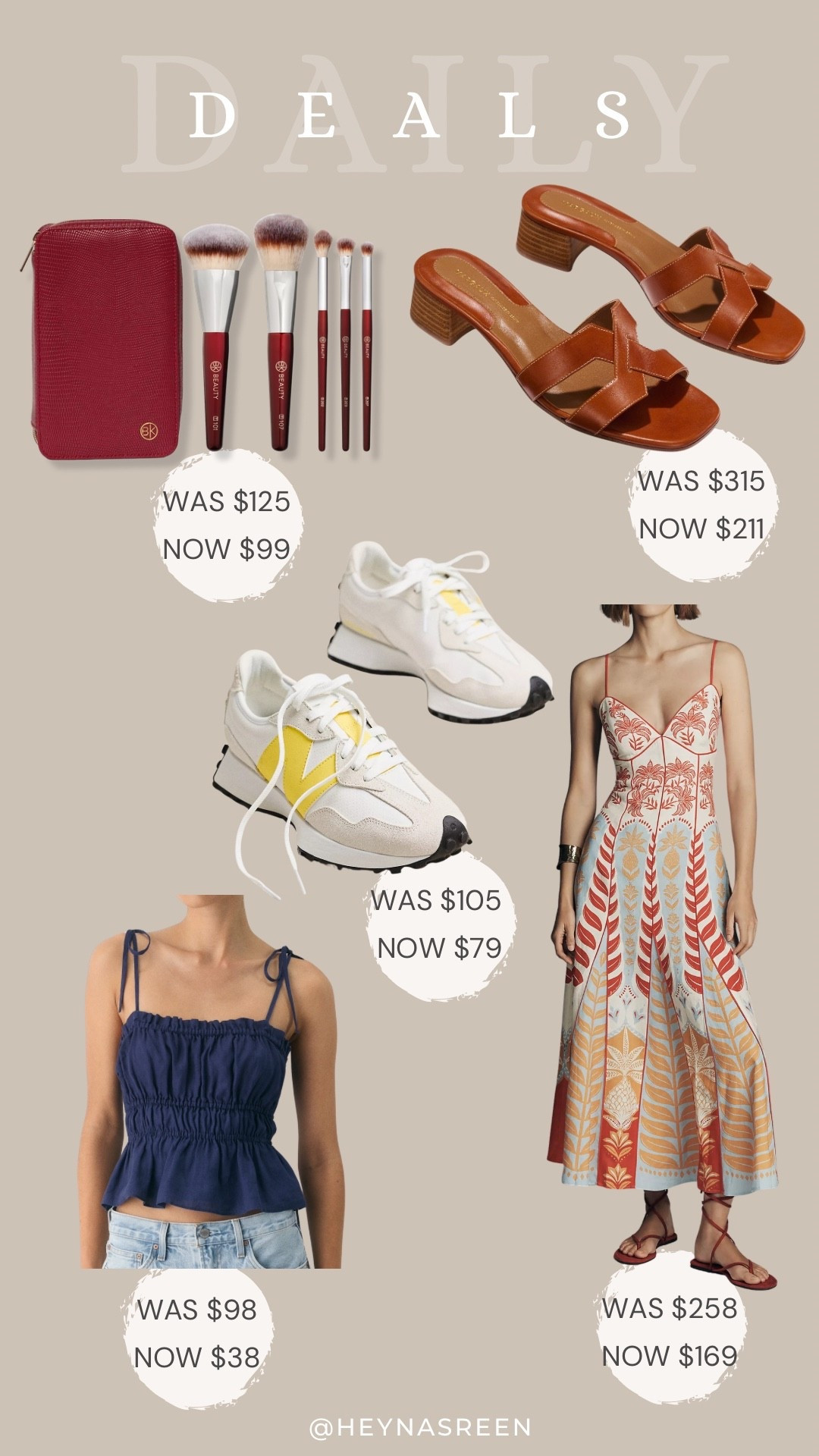 Daily deals on BK beauty brush set, Margaux heels, Farm Rio dress, New Balance sneakers, Aritzia top