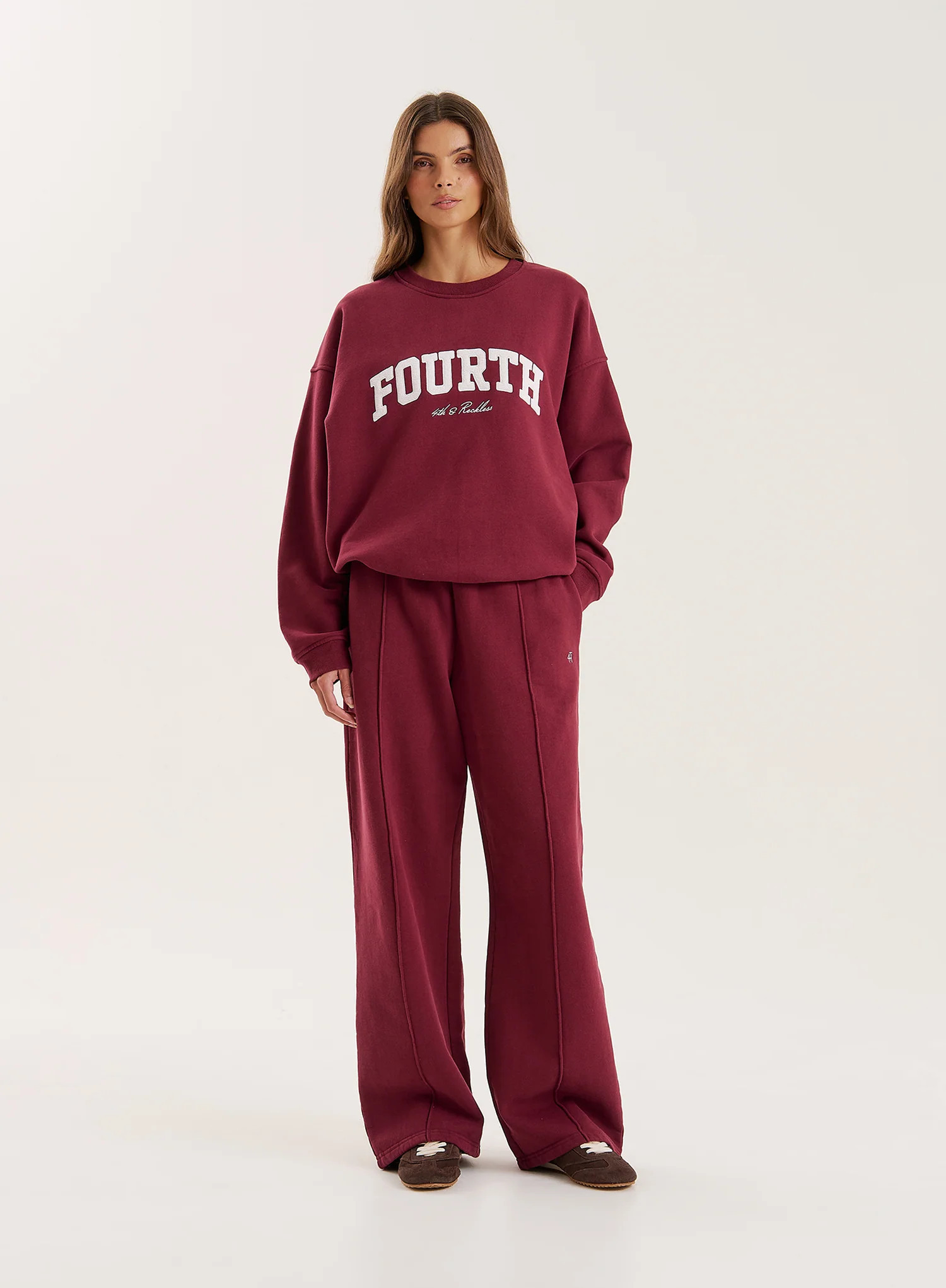 Burgundy 4th Wide Leg Branded Joggers- Fergie | 4th & Reckless