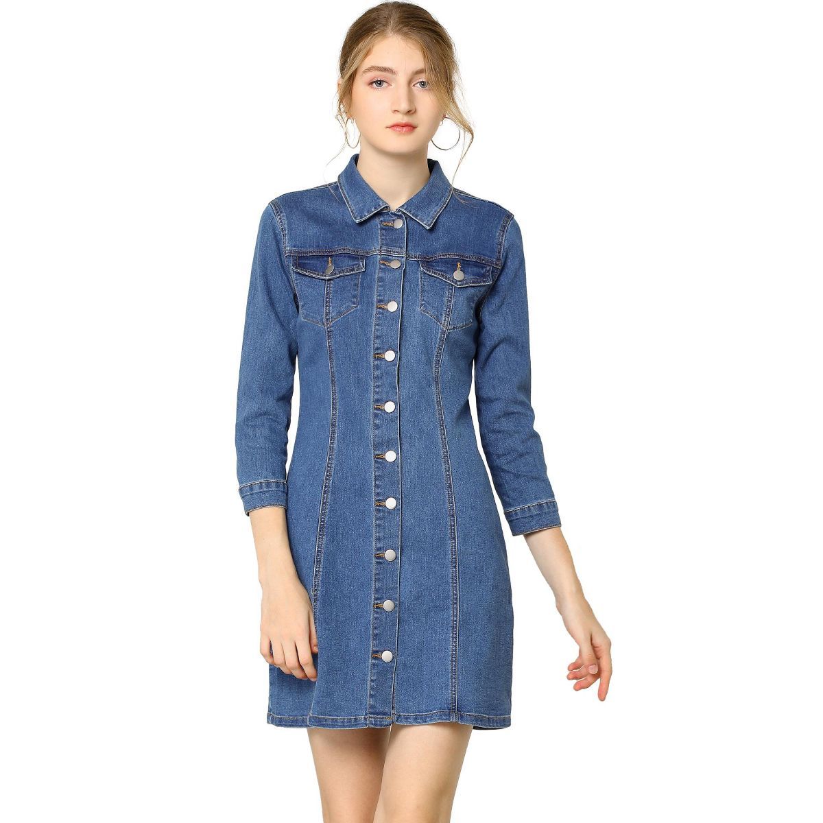 Allegra K Women's 3/4 Sleeve Button Down Denim Shirt Dress | Target