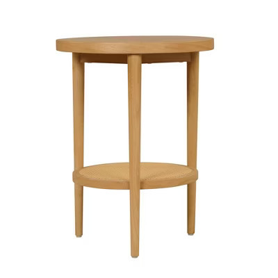 Sonia Wood and Rattan Round Warm Pine - Nathan James: Chic Bohemian 2-Tier End Table | Target