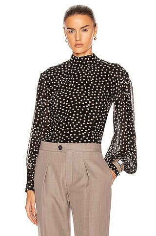 Ganni Printed Georgette Top in Black - Black,Polka Dots. Size 32 (also in ). | FWRD 