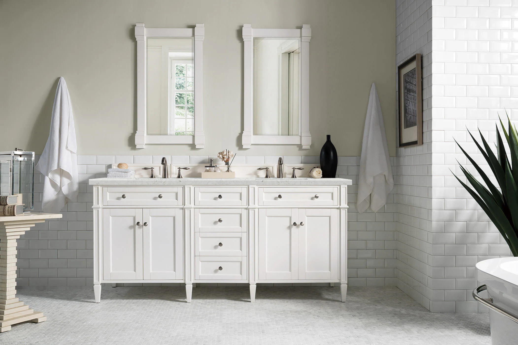 James Martin Vanities Brittany 72-in Bright White Undermount Double Sink Bathroom Vanity with Eternal Jasmine Pearl Quartz Top | 655-V72-BW-3EJP | Lowe's