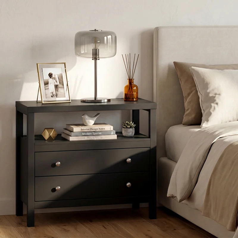 Hanson 28" Wide Nightstand with 2 Drawers & Open Shelf, Modern Bedside Table with Storage, Steel ... | Wayfair North America
