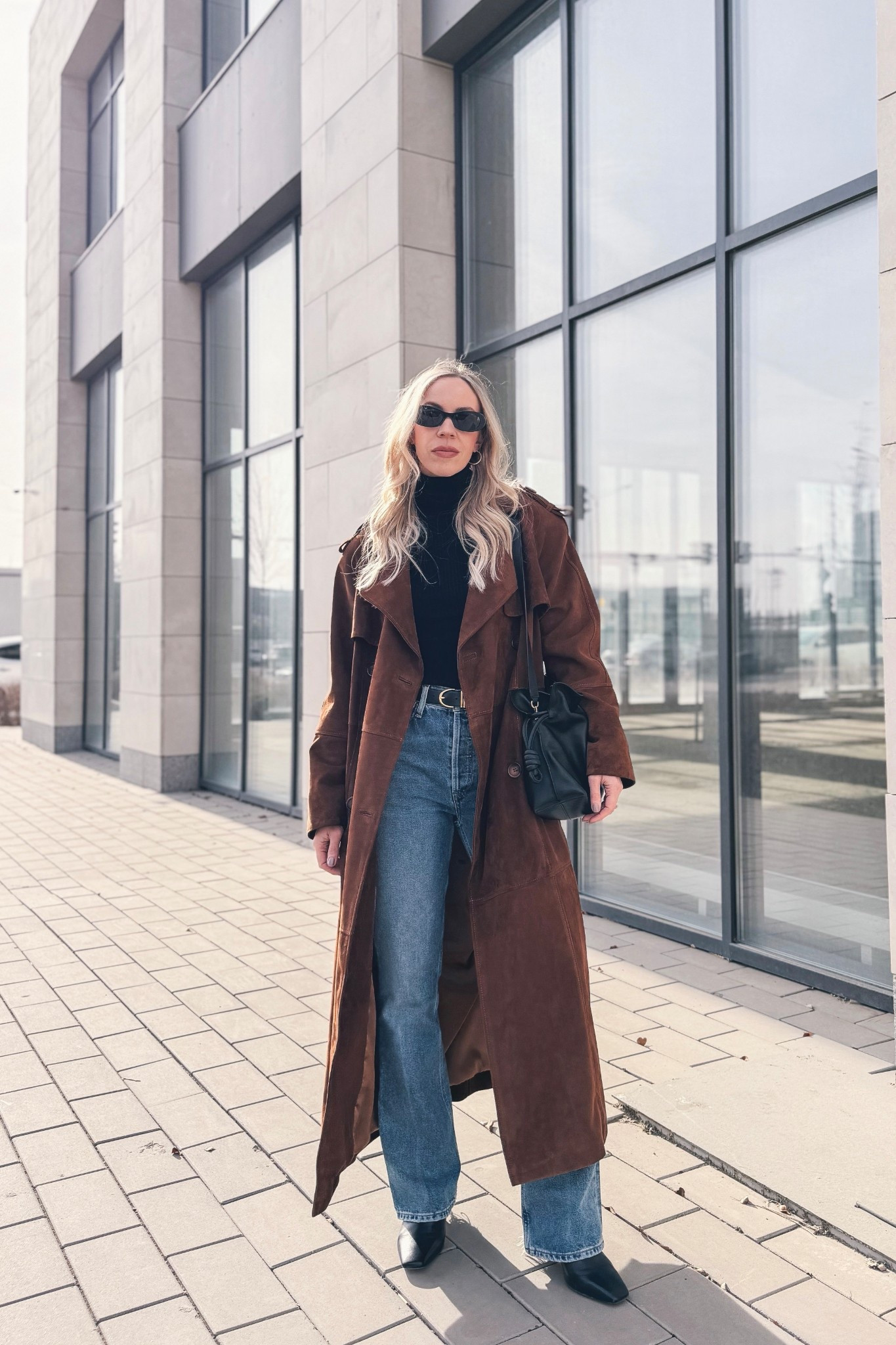 Suede trench coat, spring outfit, bootcut jeans, Khaite belt, minimal style, CBK style 

#LTKspring #LTKOver40 #LTKspringtrends