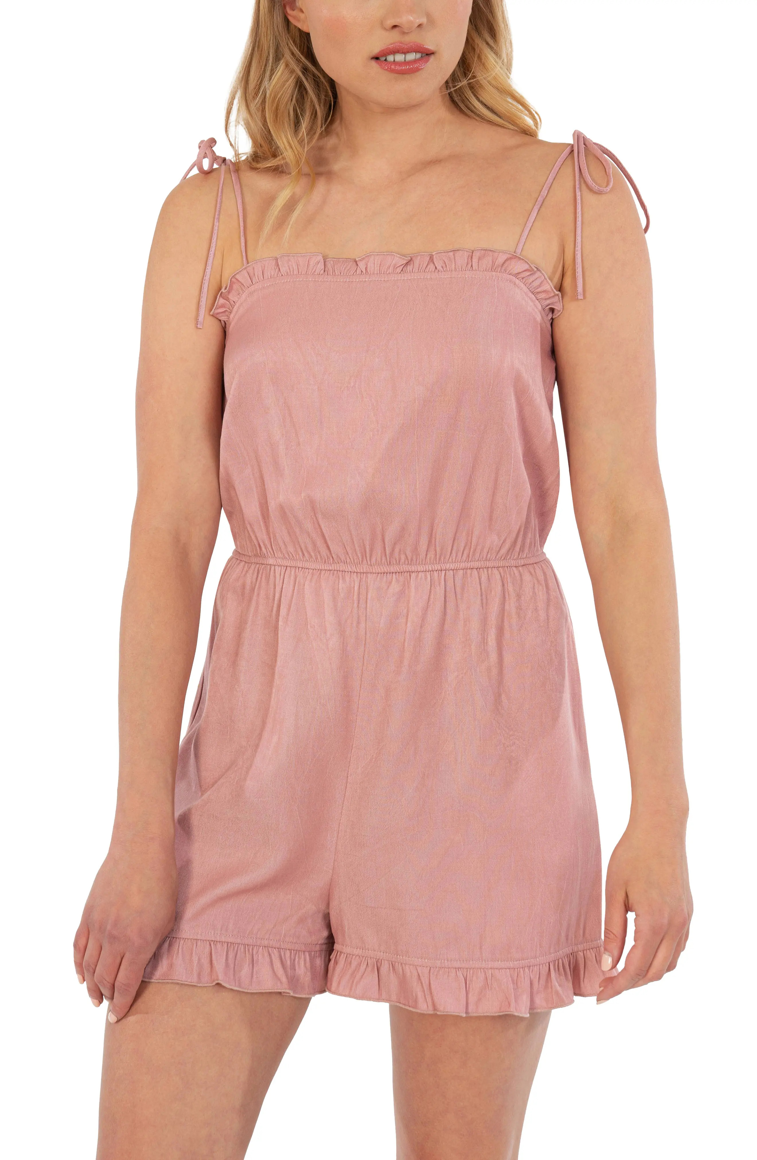 Women's Speechless Ruffle Trim Tie Shoulder Romper, Size X-Large - Pink | Nordstrom