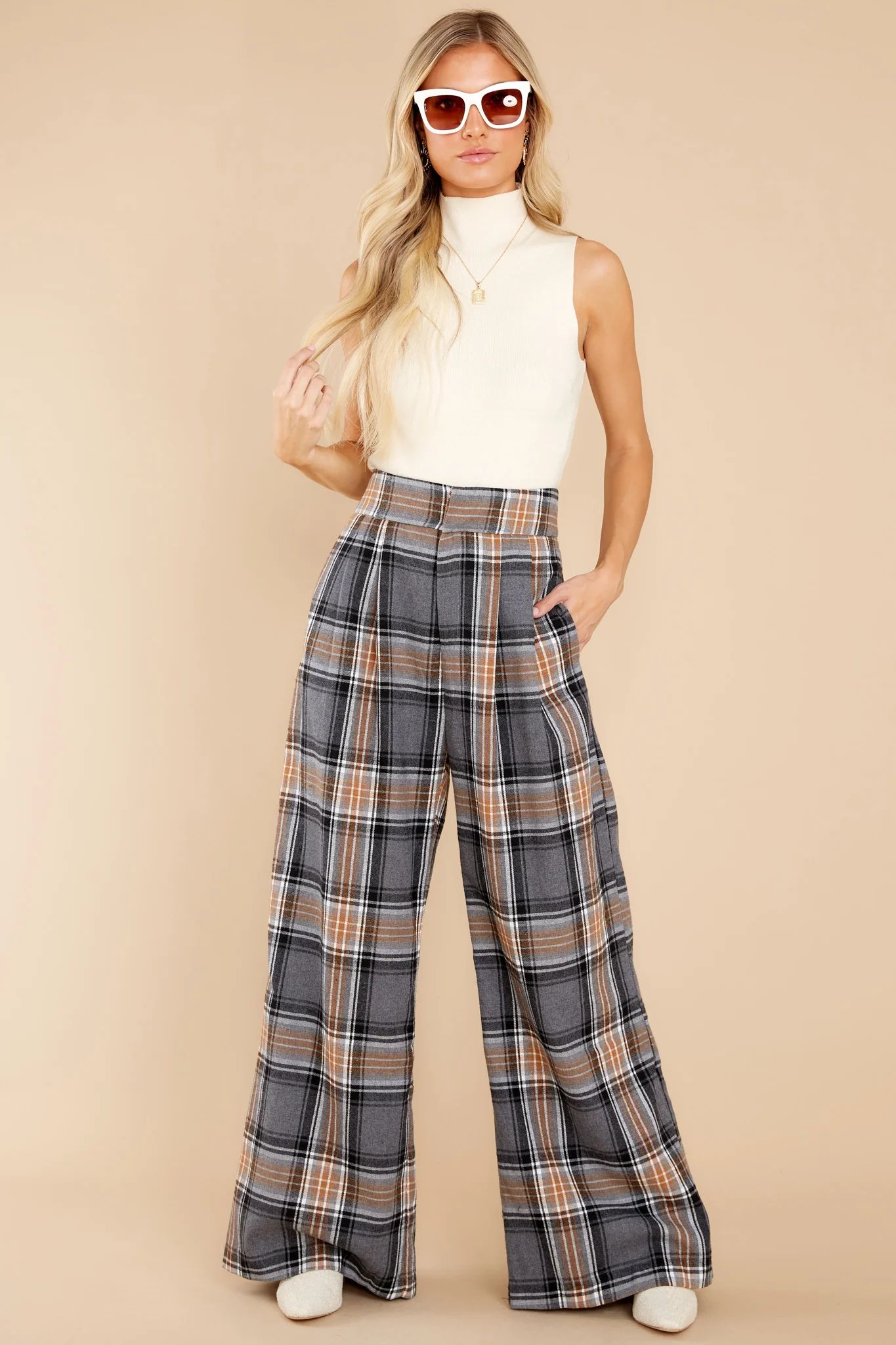 Official Glam Grey And Caramel Plaid Pants | Red Dress 