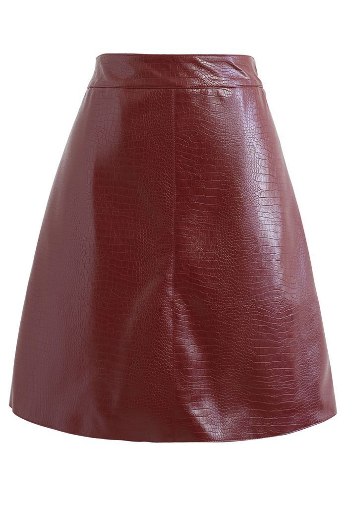 Crocodile Print Faux Leather Skirt in Burgundy | Chicwish