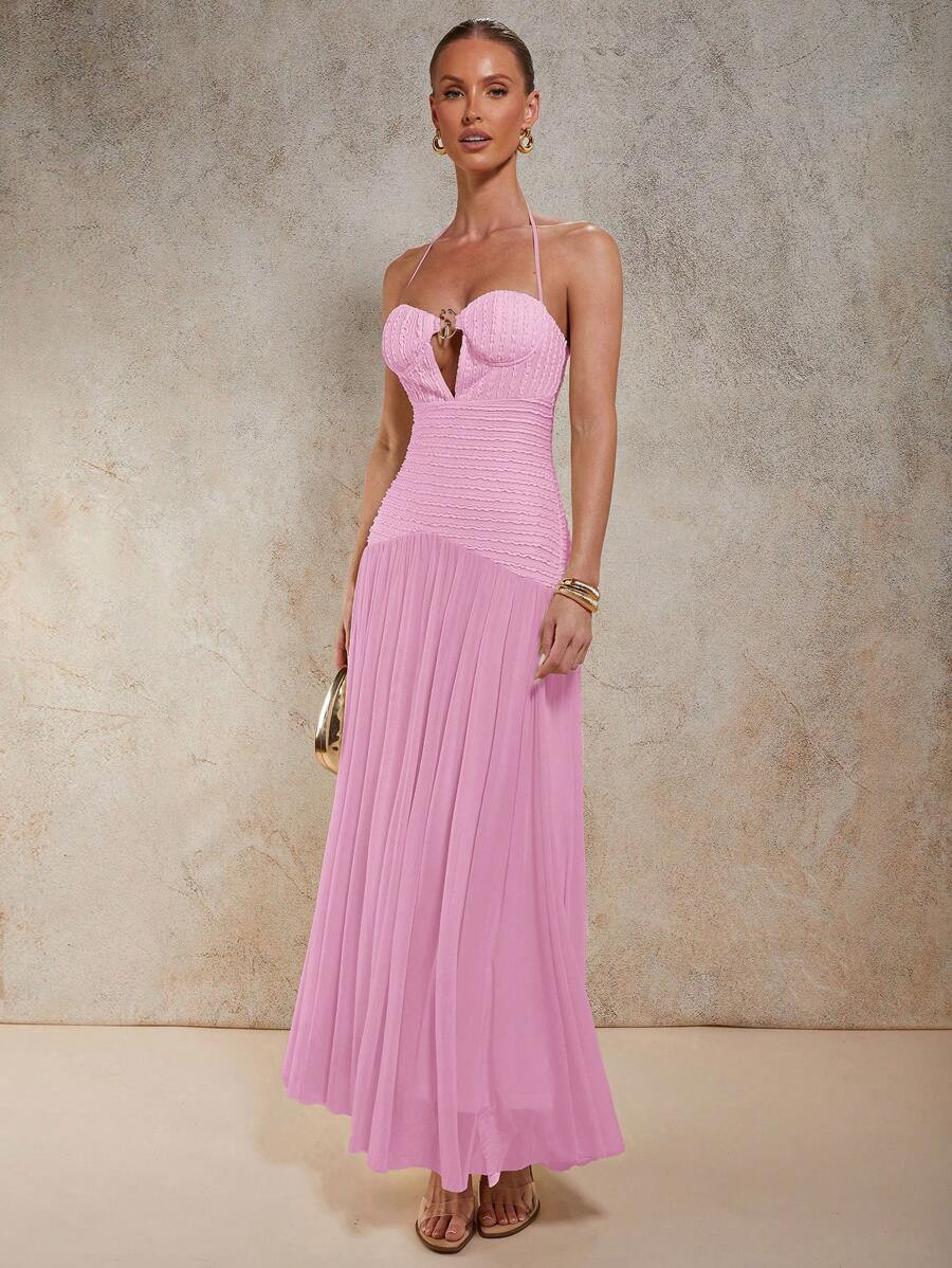 COSMINA Women's Solid Color Hollow-Out Metal Decor Sexy Halter Super Long Dress,Bodycon Dress | SHEIN