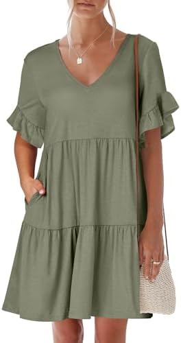 ANRABESS Dresses for Women Summer 2026 V Neck Ruffle Sleeve A Line Tiered Flowy Casual Trendy Min... | Amazon (US)