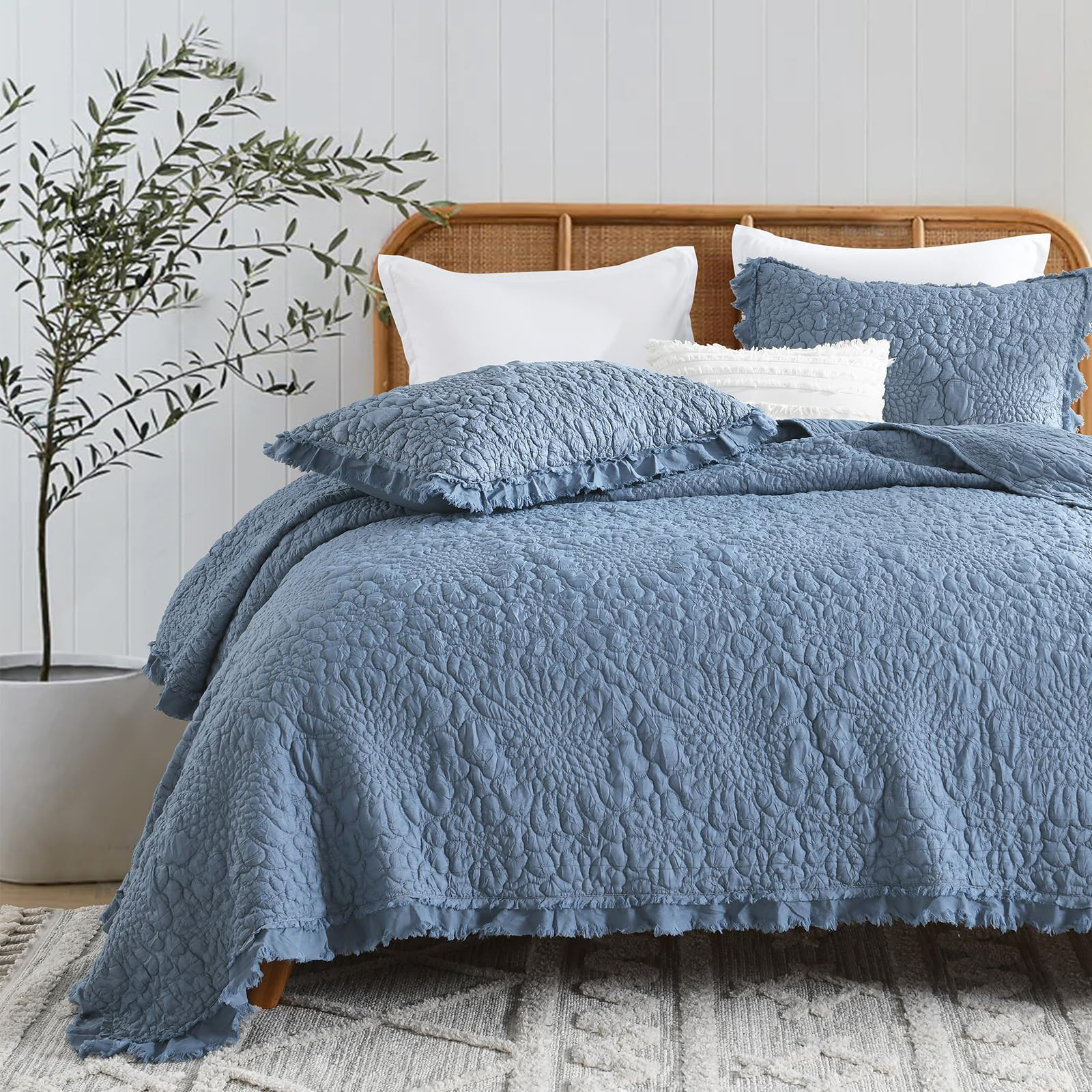 HORIMOTE HOME Blue Ruffled Quilt King Size, Stone-Washed Microfiber Lightweight Crinkled Farmhous... | Amazon (US)