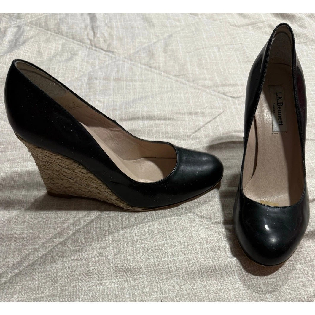 LK Bennett Maddox Wedge Espadrille Shoes Patent Leather Womens 5 35 Heels Black | eBay US